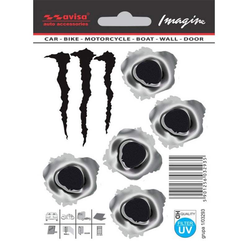 Avisa, Bullet Hole Sticker &amp; Monster Decal - Svart/metall - 3,5x3,5 cm &amp; 4,5x6,5 cm