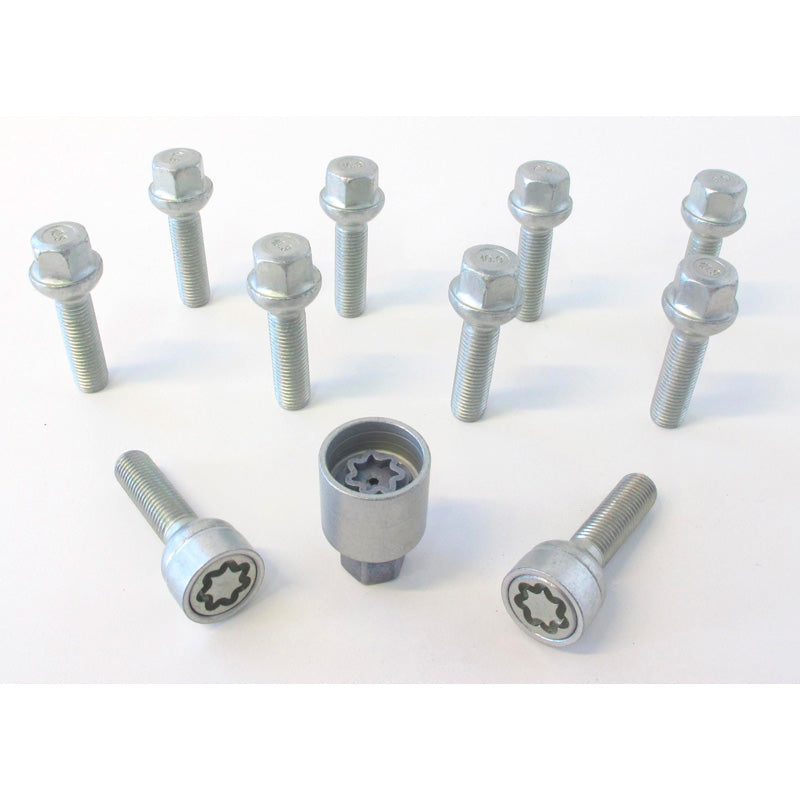 H&R, Wheel bolt Set Round-Head R12 M12x1.50 - længde 52mm - 10 pcs. (e.g., passer til Mercedes) - incl. wheel-locks