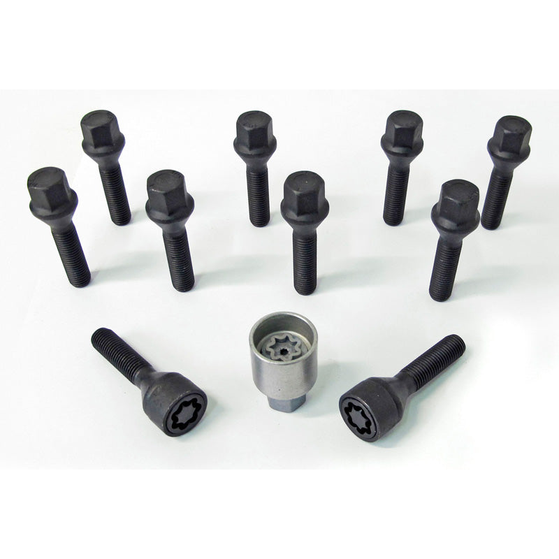 H&R, Wheel bolt Set Taper-Head M12x1.50 - længde 28mm - Black - 10 pcs. - incl. wheel-locks