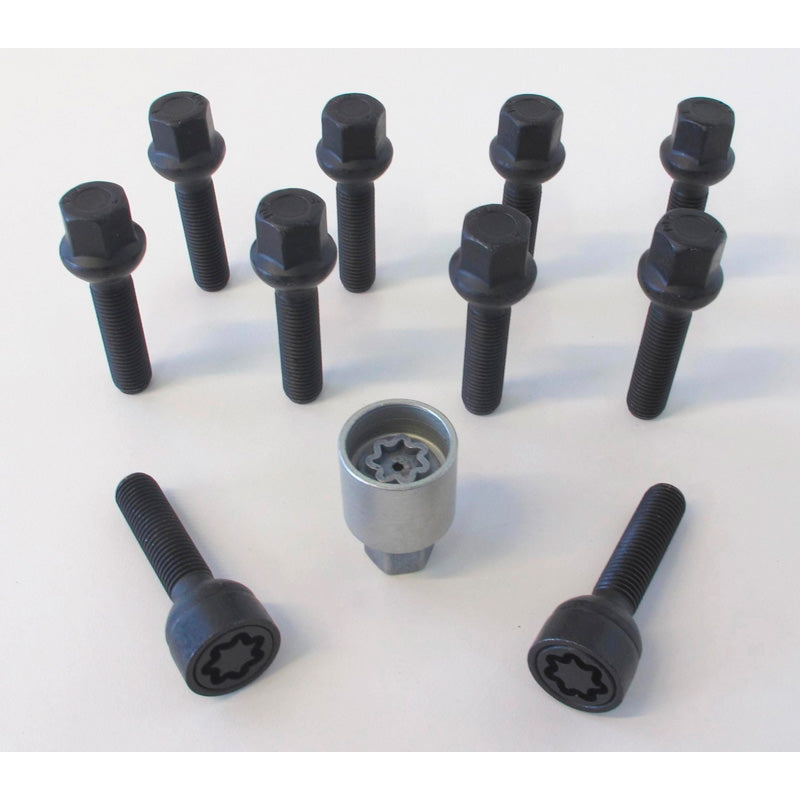 H&R, Wheel bolt Set Round-Head R12 M12x1.50 - længde 28mm - Black - 10 pcs. (e.g., passer til Mercedes) - incl. wheel-locks