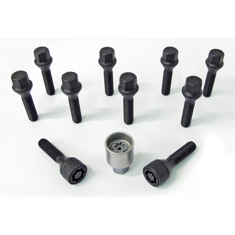 H&R, Wheel bolt Set Taper-Head M12x1.50 - længde 30mm - Black - 10 pcs. - incl. wheel-locks