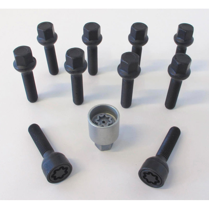 H&R, Wheel bolt Set Round-Head R12 M12x1.50 - længde 35mm - Black - 10 pcs. (e.g., passer til Mercedes) - incl. wheel-locks