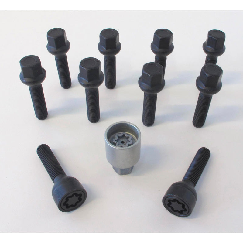 H&R, Wheel bolt Set Round-Head R12 M12x1.50 - længde 43mm - Black - 10 pcs. (e.g., passer til Mercedes) - incl. wheel-locks