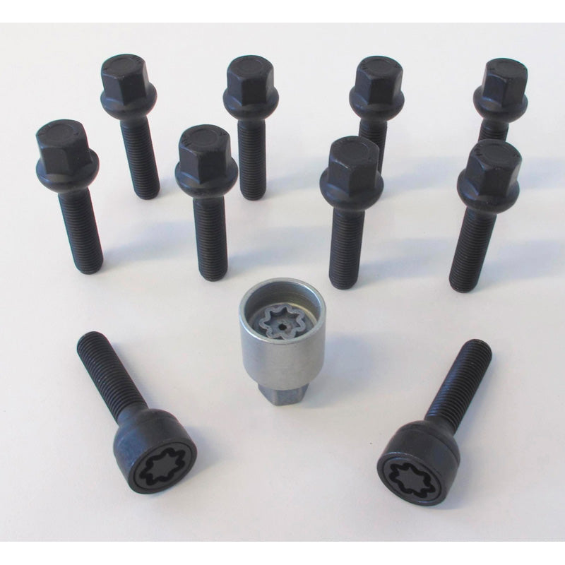 H&R, Wheel bolt Set Round-Head R12 M12x1.50 - længde 45mm - Black - 10 pcs. (e.g., passer til Mercedes) - incl. wheel-locks