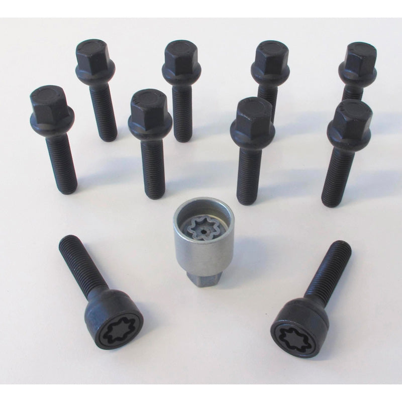 H&R, Wheel bolt Set Round-Head R12 M12x1.50 - længde 47mm - Black - 10 pcs. (e.g., passer til Mercedes) - incl. wheel-locks