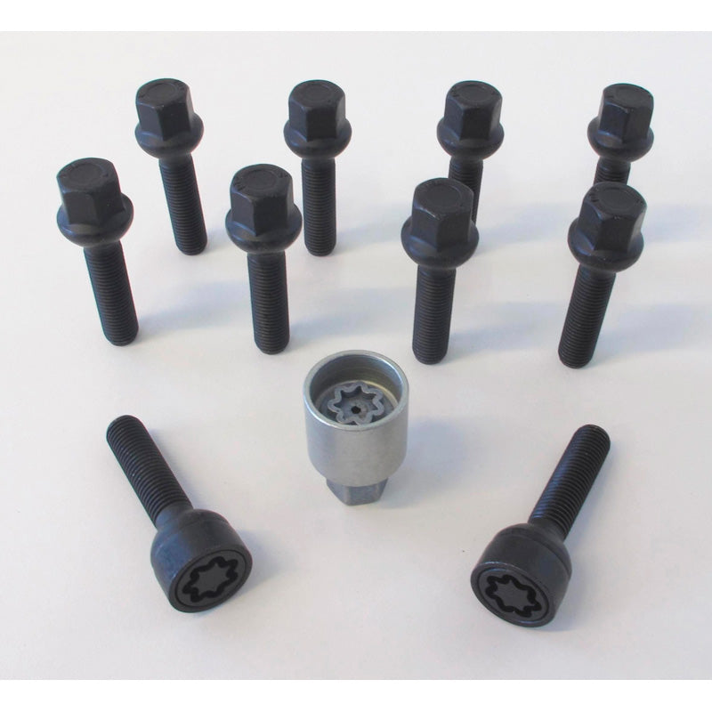 H&R, Wheel bolt Set Round-Head R12 M12x1.50 - længde 52mm - Black - 10 pcs. (e.g., passer til Mercedes) - incl. wheel-locks