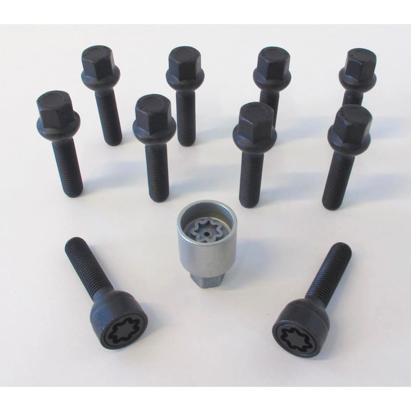 H&R, Wheel bolt Set Round-Head R12 M12x1.50 - længde 55mm - Black - 10 pcs. (e.g., passer til Mercedes) - incl. wheel-locks