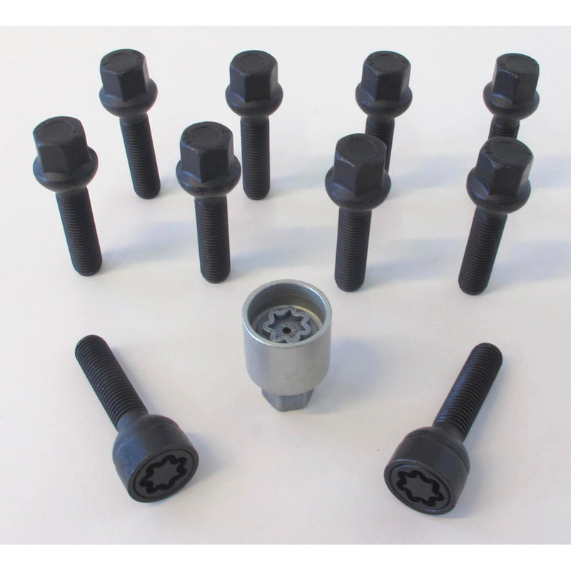 H&R, Wheel bolt Set Round-Head R13 M14x1.50 - længde 38mm - Black - 10 pcs. (, passer til e.g. VAG) - incl. wheel-locks