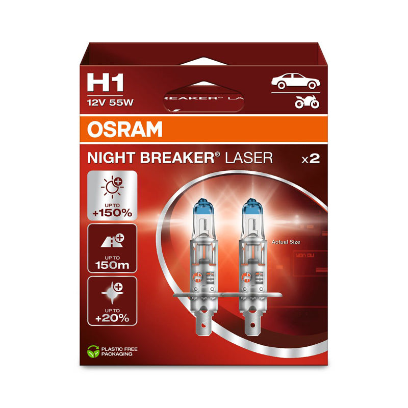 Osram, Night Breaker Laser Halogenpærer - H1 - 12V/55W - Sæt af 2 stk.