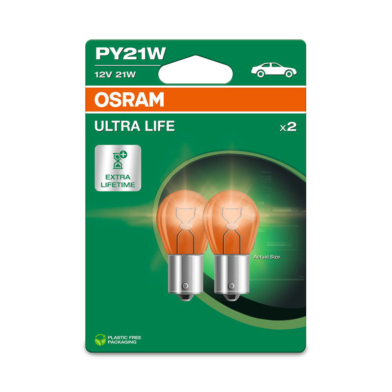 Osram, Ultra Life Halogenpærer - BAU15S - 12V/21W - Sæt af 2 stk. - Orange