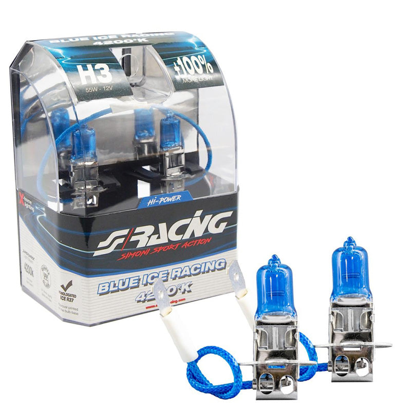 Simoni Racing, Halogenpærer 'Blue Ice Racing' H3 (4200K) 12V/55W - Sæt af 2 stk. ECE-R37 E-Mærke