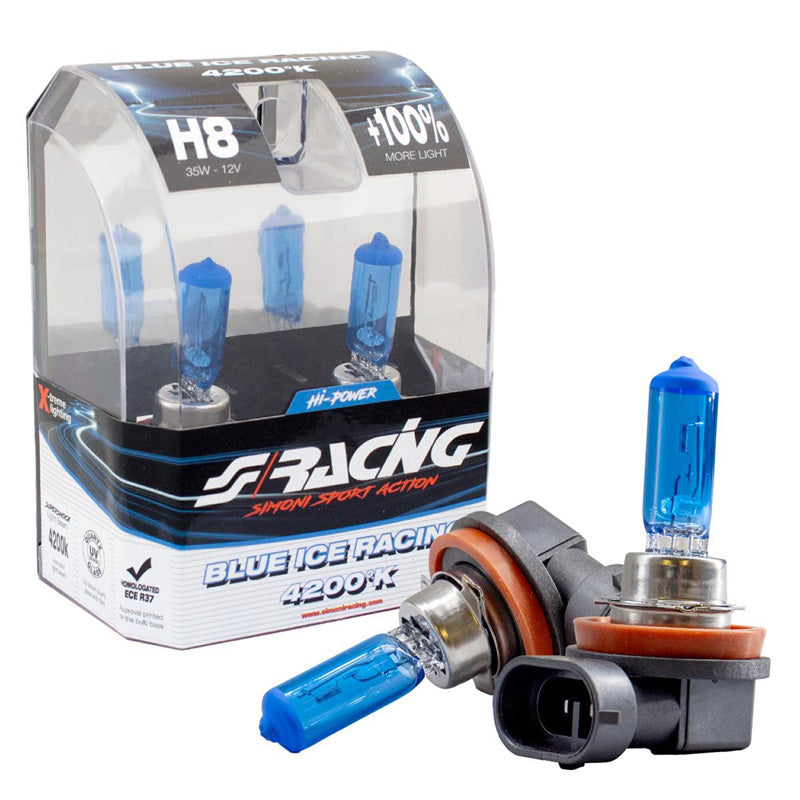 Simoni Racing, Halogenpærer 'Blue Ice Racing' H8 - 4200K - 12V/35W, sæt af 2 stk. ECE-R37 E-Mærket