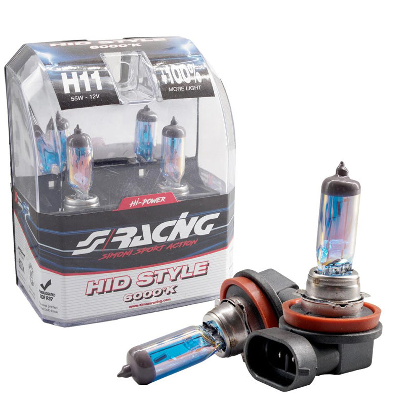 Simoni Racing, Halogenpærer 'HID Style' H11 (6000K) Hyperhvid - 12V/55W - Sæt af 2 stk. ECE-R37