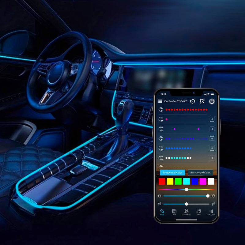 AutoStyle, 2-Piece Multi-Farvet LED Interiørbelysning med App Kontrol og 5 Meter Fiberoptik